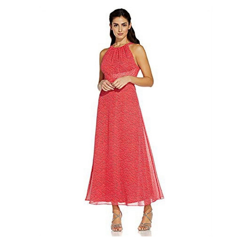Adrianna Patel Coral-Pink/White Polka Dot Midi Dress. Size 12. Fully lined.